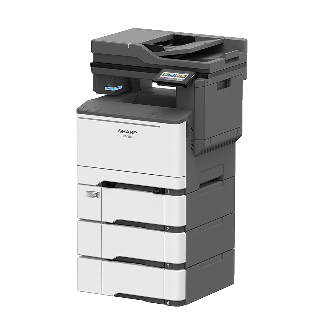 Sharp MXC358F Color MFP with multiple paper trays and a user-friendly touchscreen interface.