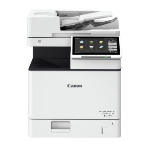 Front view of the Canon imageRUNNER ADVANCE DX 619iFZ multifunction printer with a touchscreen display and automatic document feeder.