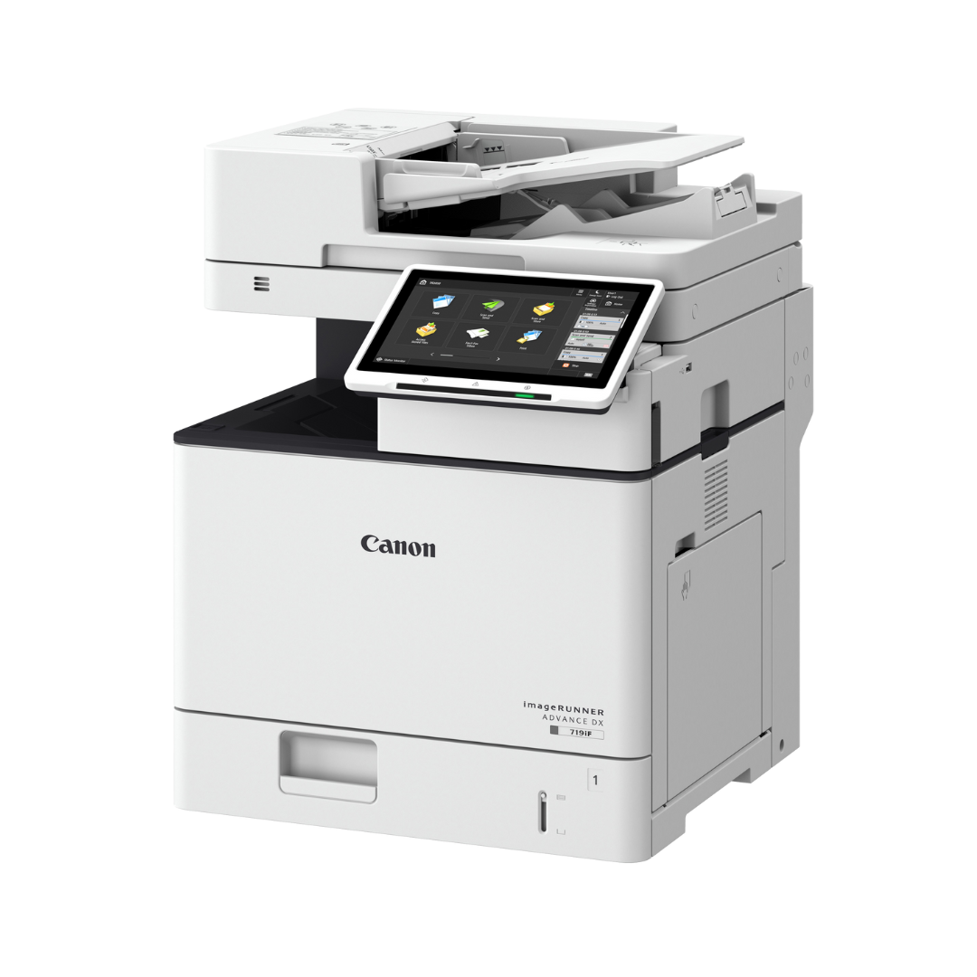 Canon imageRUNNER ADVANCE DX 719iF multifunction printer with touchscreen interface, designed for high-speed printing, scanning, and document management.