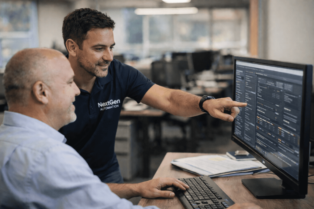 IT technician assisting a client at their workstation in a professional office environment