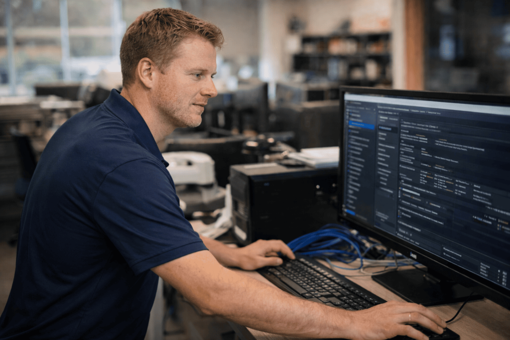 IT technician configuring systems at a workstation in a professional office environment