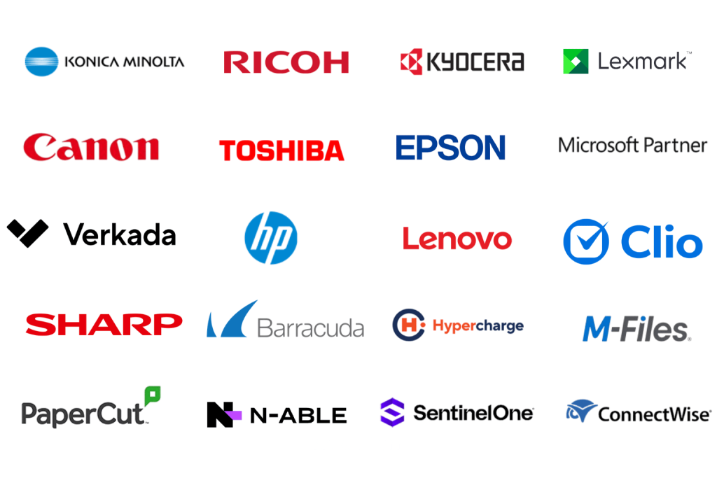Technology partners of NextGen Automation including Canon, HP, Lenovo, Microsoft, Verkada, Clio and SentinelOne.