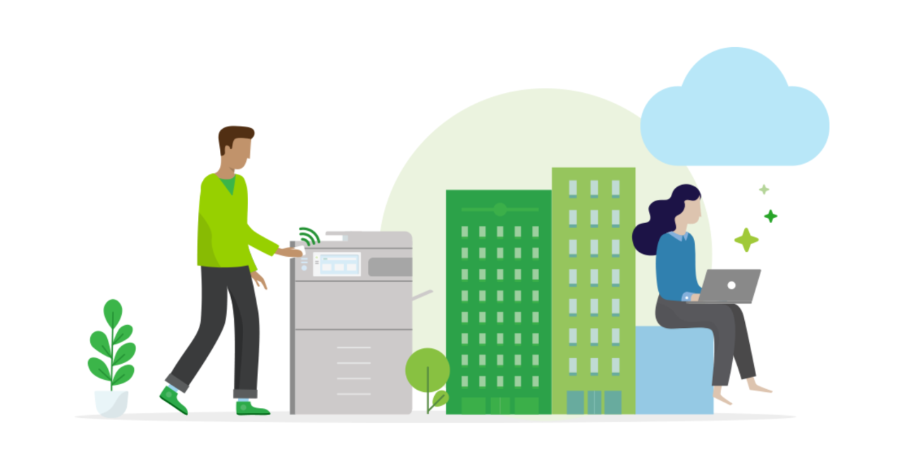 A man is standing next to a printer and a woman is sitting on a bench with a laptop.