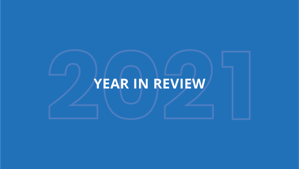 A blue background with the words "year in review" written on it.