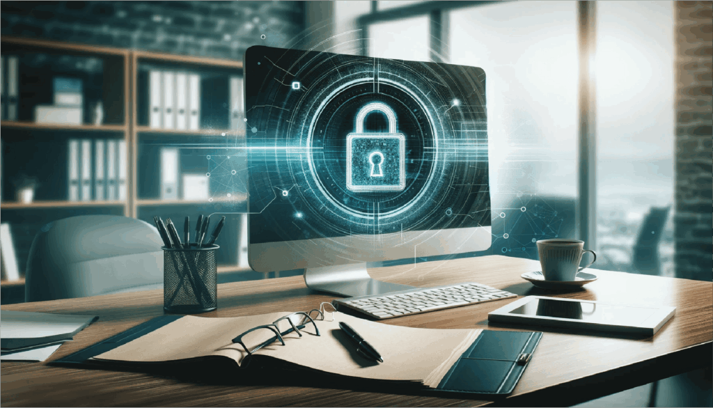 A computer is sitting on a desk with a padlock on the screen.