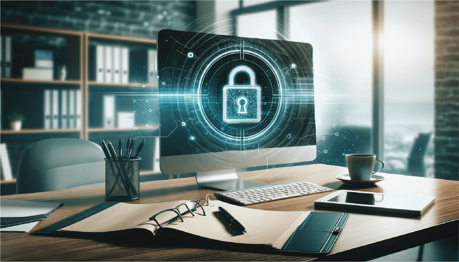 A computer is sitting on a desk with a padlock on the screen.