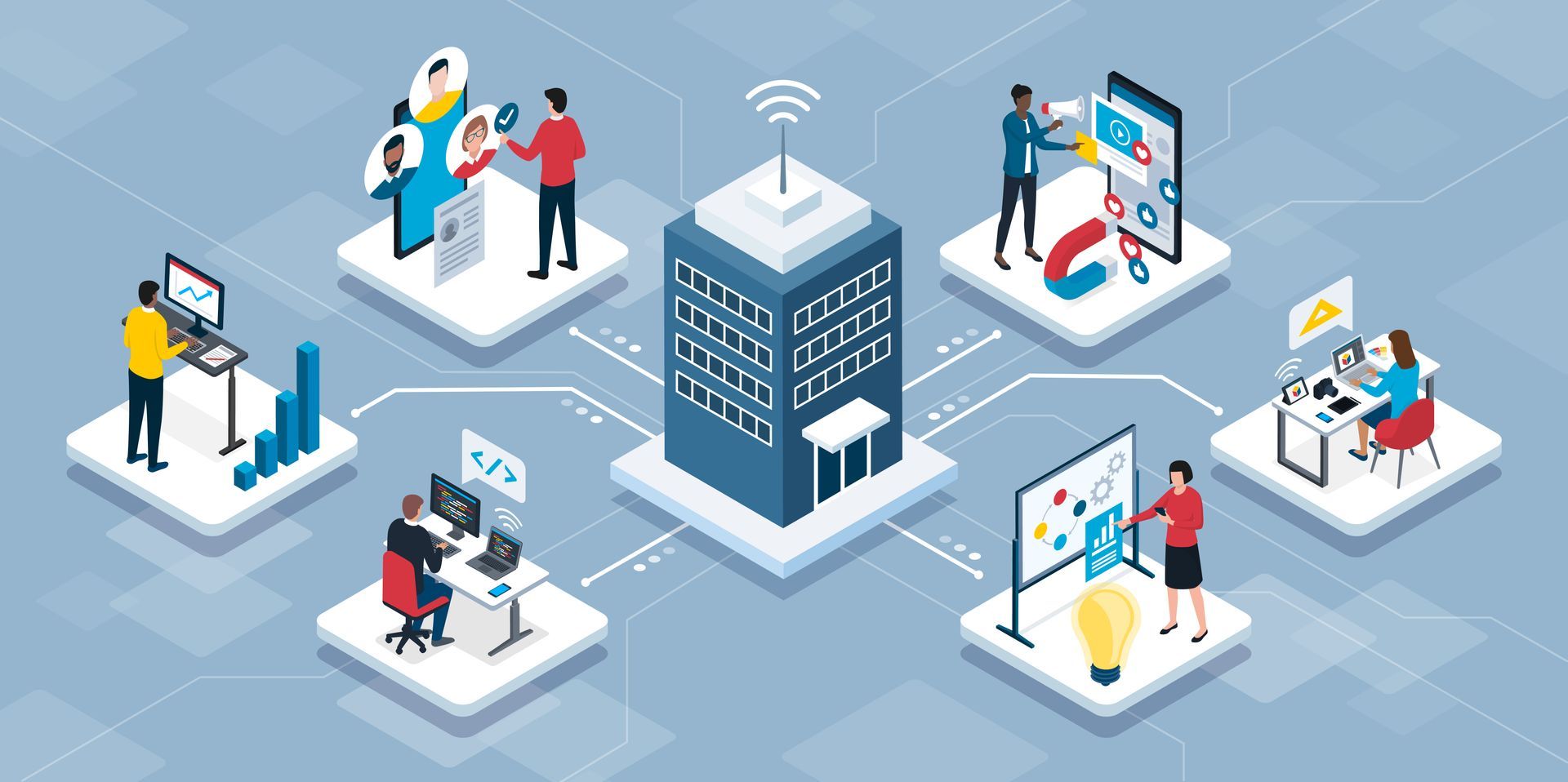 An isometric illustration of a group of people working in an office.