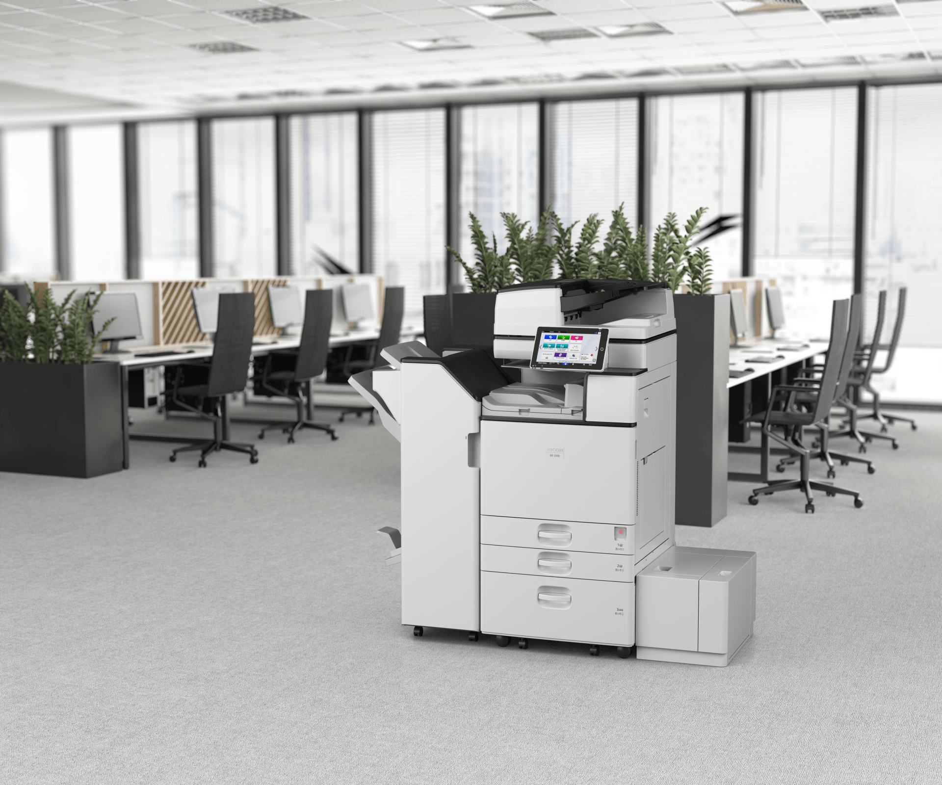 An office with a printer in the middle of it