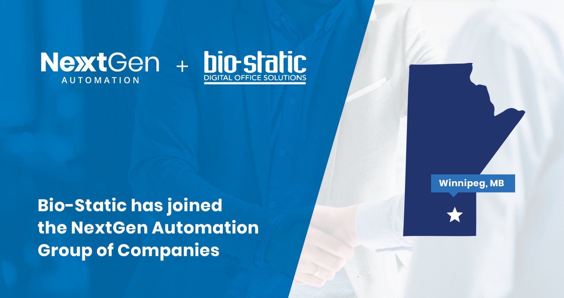 A blue and white poster that says nextgen bio-static has joined the nextgen automation group of companies