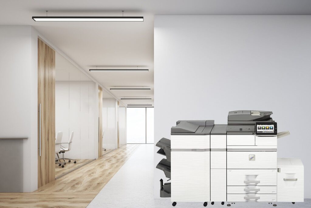 There is a printer in the middle of the room.