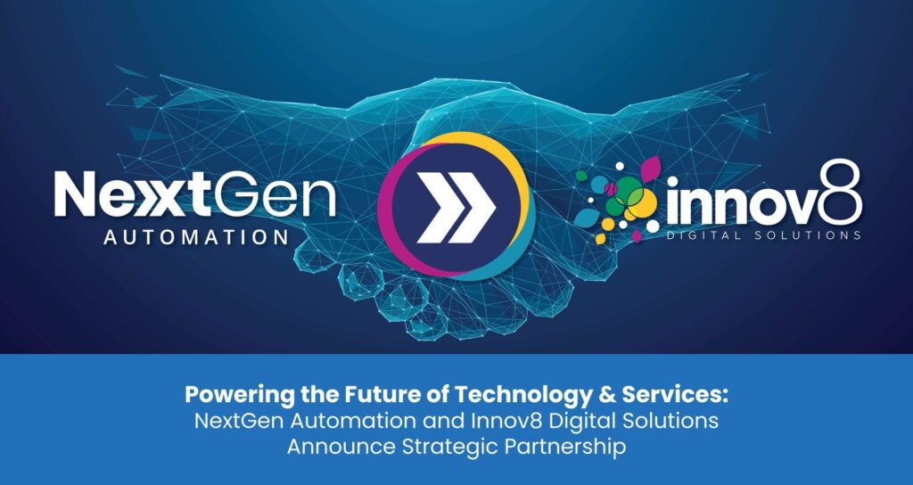 A blue background with a handshake between two companies nextgen automation and innova8
