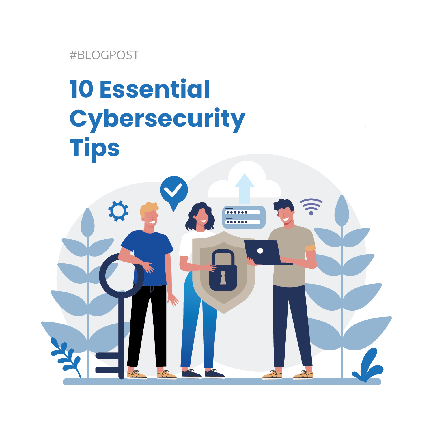 A group of people standing next to each other holding a shield and a laptop.