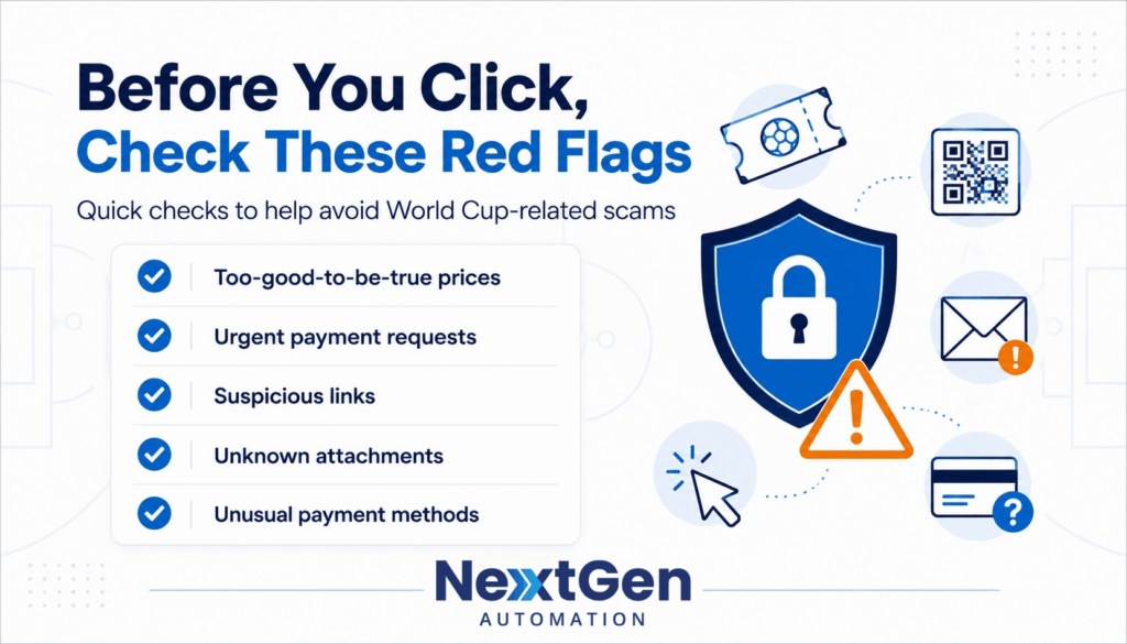 Checklist of World Cup 2026 scam red flags, including suspicious links, urgent payments, unknown attachments, unusual payment methods, and too-good-to-be-true prices.